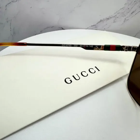 New GUCCI Sunglasses Gold Metal Square Aviator Pilot Red Green Web Logo Mens